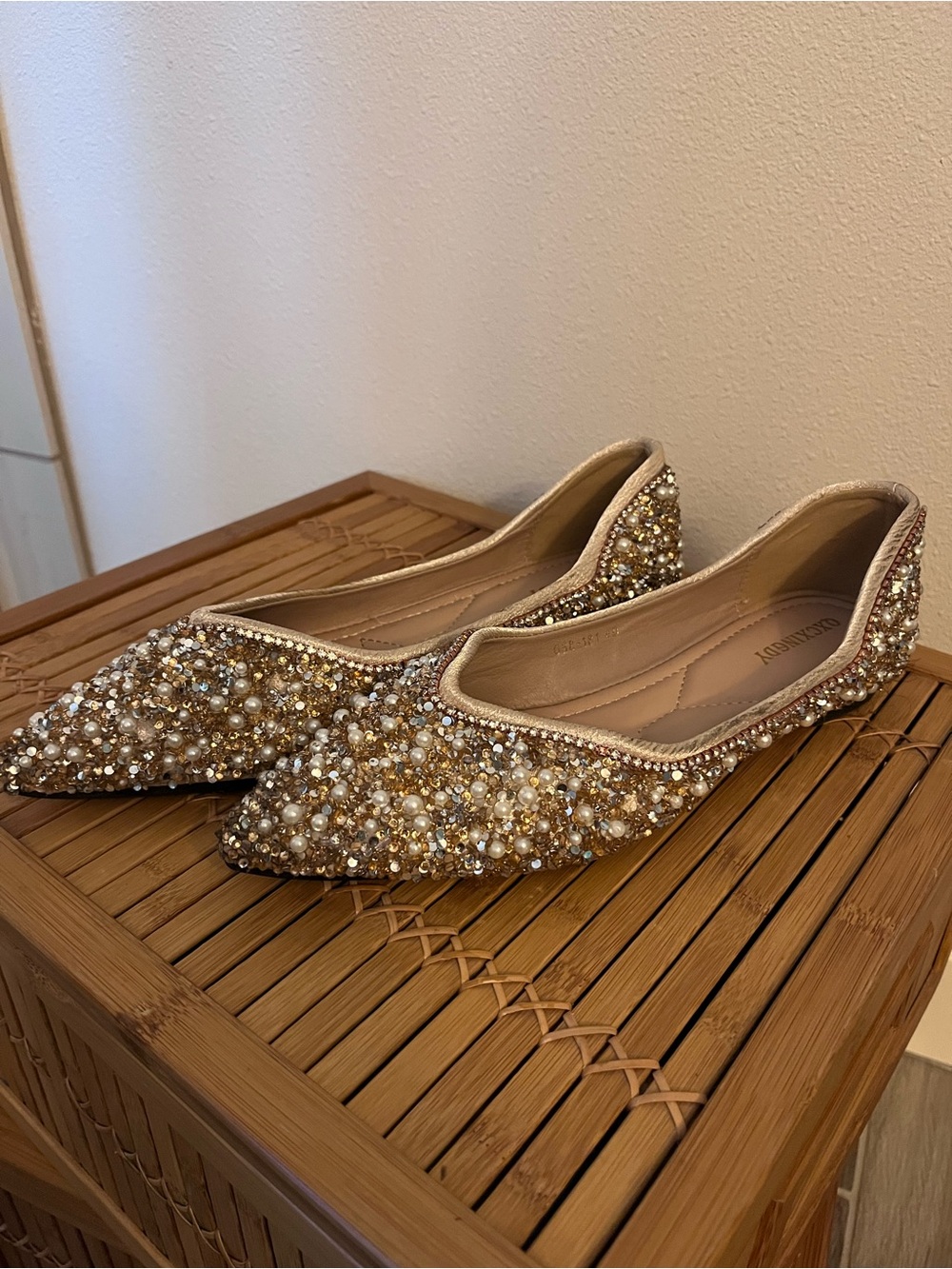 Embellished Gold Beaded Pointed Toe Flats - Women